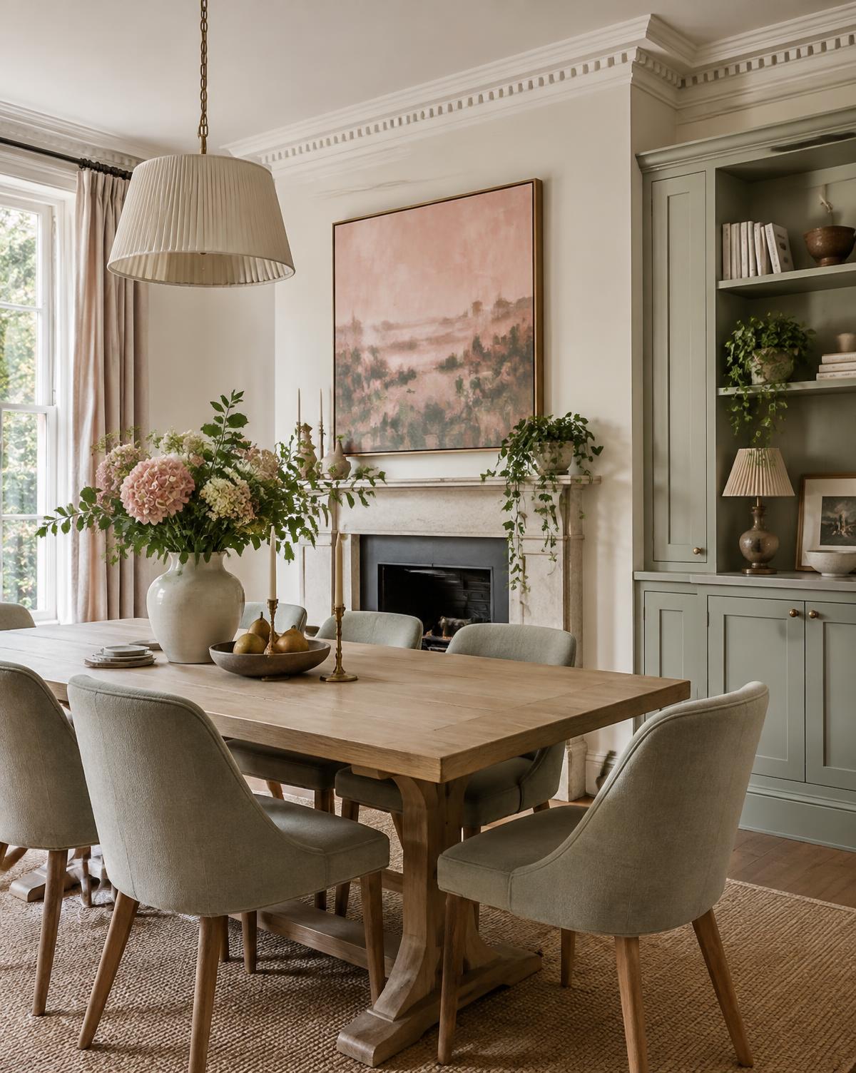 Illustrative dining room with ivory walls and sage cabinetry